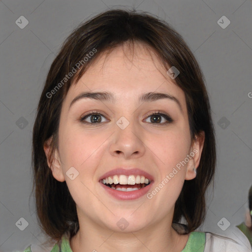 Joyful white young-adult female with medium  brown hair and blue eyes