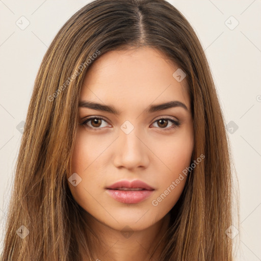 Neutral white young-adult female with long  brown hair and brown eyes