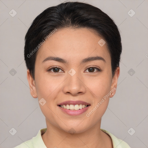 Joyful asian young-adult female with short  brown hair and brown eyes