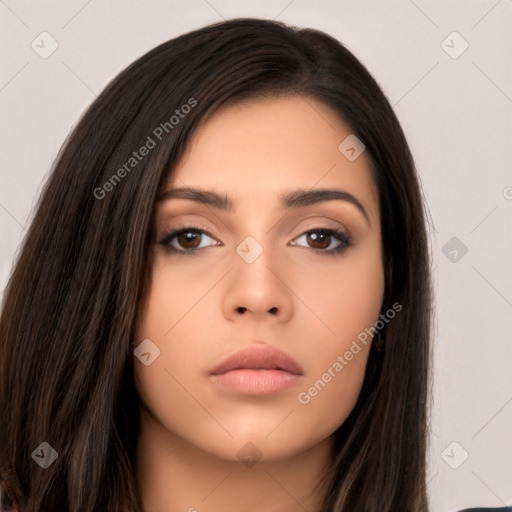 Neutral asian young-adult female with long  brown hair and brown eyes