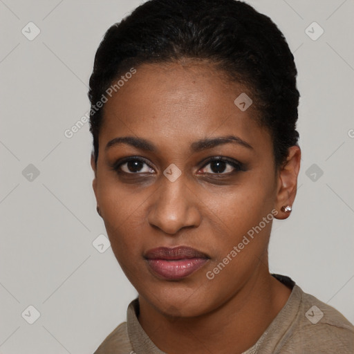 Neutral black young-adult female with short  black hair and brown eyes