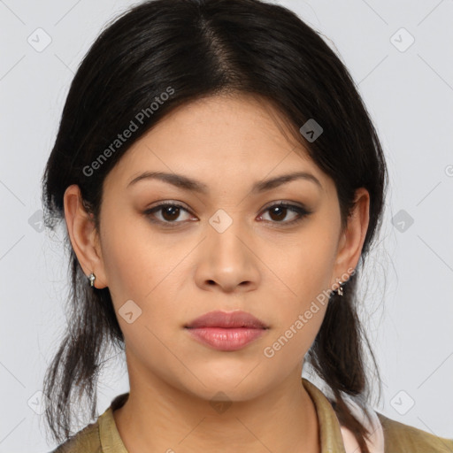 Neutral asian young-adult female with medium  brown hair and brown eyes