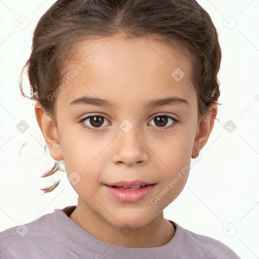 Joyful white child female with short  brown hair and brown eyes