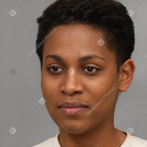 Joyful black young-adult female with short  black hair and brown eyes