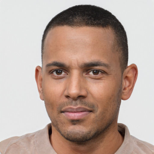 Neutral black young-adult male with short  black hair and brown eyes