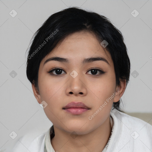 Neutral asian young-adult female with short  black hair and brown eyes