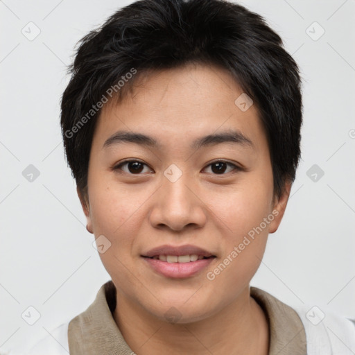 Joyful asian young-adult male with short  brown hair and brown eyes