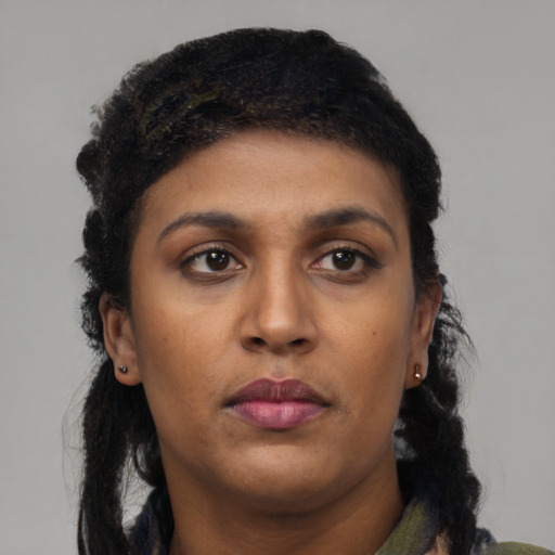 Neutral latino young-adult female with long  black hair and brown eyes