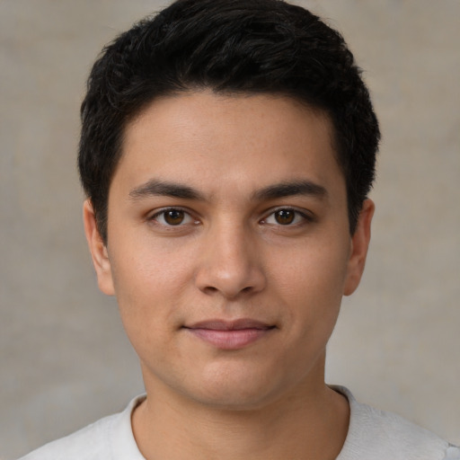 Neutral white young-adult male with short  black hair and brown eyes
