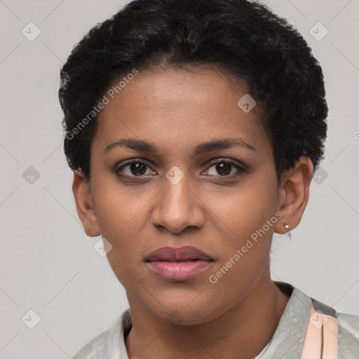 Joyful latino young-adult female with short  brown hair and brown eyes