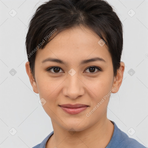 Joyful asian young-adult female with short  brown hair and brown eyes