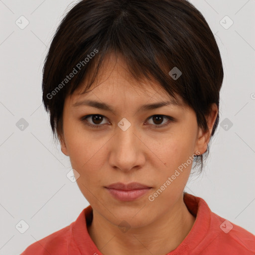 Neutral white young-adult female with medium  brown hair and brown eyes