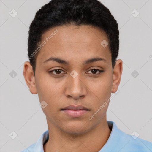 Neutral white young-adult female with short  brown hair and brown eyes