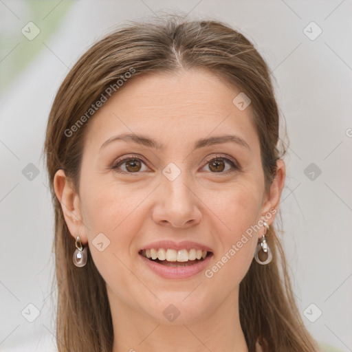 Joyful white young-adult female with long  brown hair and grey eyes