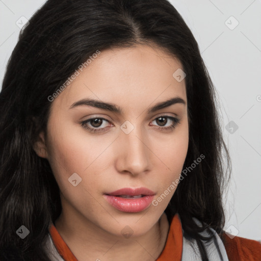 Neutral white young-adult female with long  brown hair and brown eyes