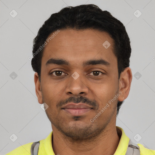 Neutral latino young-adult male with short  black hair and brown eyes