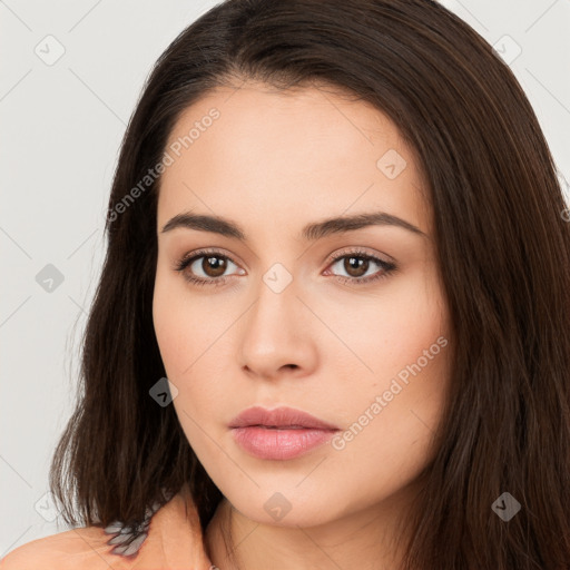 Neutral white young-adult female with long  brown hair and brown eyes