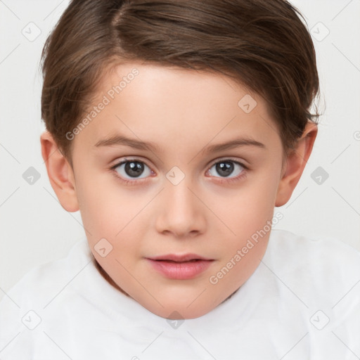 Joyful white child female with short  brown hair and brown eyes