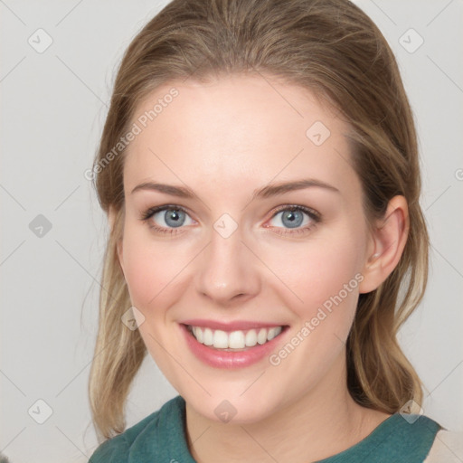 Joyful white young-adult female with medium  brown hair and green eyes