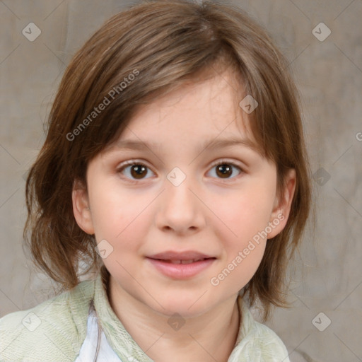Joyful white child female with medium  brown hair and brown eyes