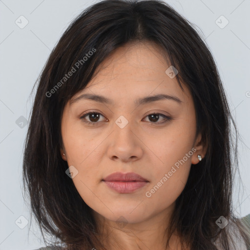 Neutral asian young-adult female with long  brown hair and brown eyes