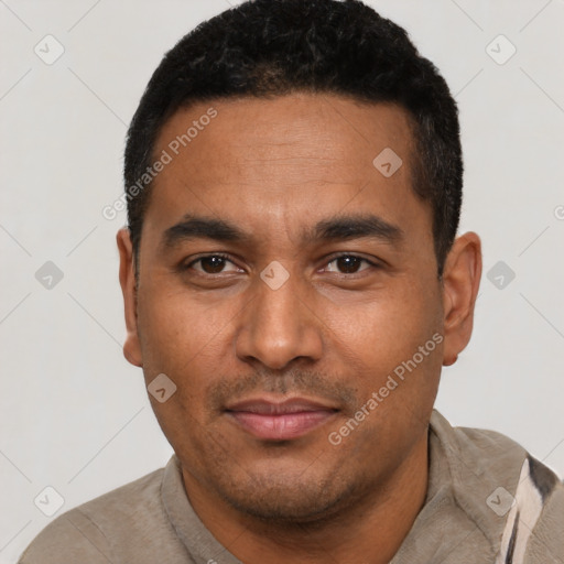 Neutral latino young-adult male with short  black hair and brown eyes