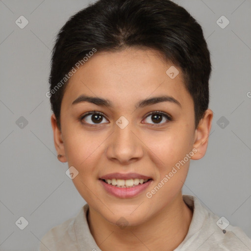 Joyful latino young-adult female with short  brown hair and brown eyes