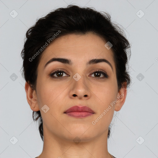 Joyful latino young-adult female with short  brown hair and brown eyes