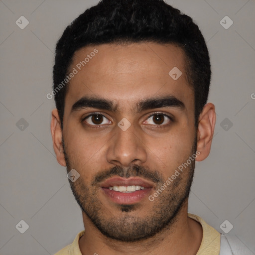 Joyful latino young-adult male with short  black hair and brown eyes