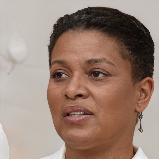 Joyful white adult female with short  brown hair and brown eyes