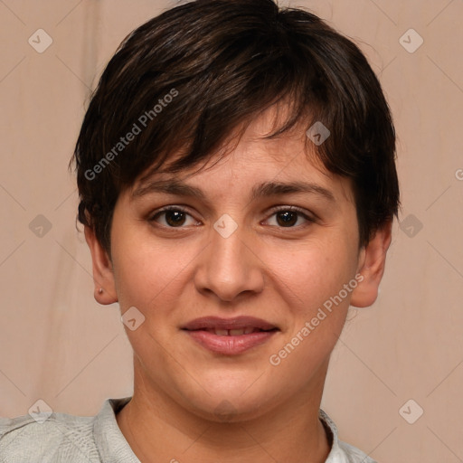 Joyful white young-adult female with short  brown hair and brown eyes