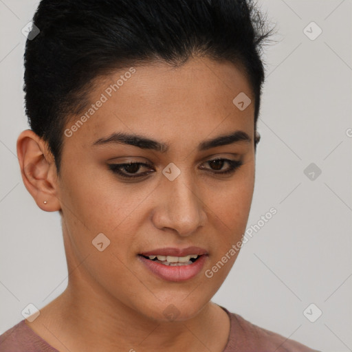 Joyful white young-adult female with short  brown hair and brown eyes