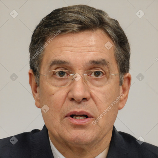 Joyful white middle-aged male with short  brown hair and brown eyes