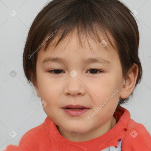 Joyful white child female with medium  brown hair and brown eyes