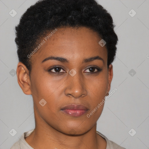 Neutral black young-adult female with short  brown hair and brown eyes