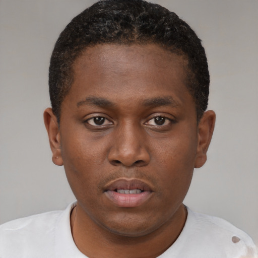 Neutral black young-adult male with short  brown hair and brown eyes