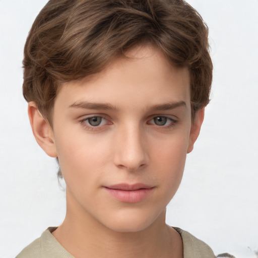 Joyful white child female with short  brown hair and grey eyes