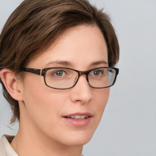 Joyful white young-adult female with short  brown hair and blue eyes