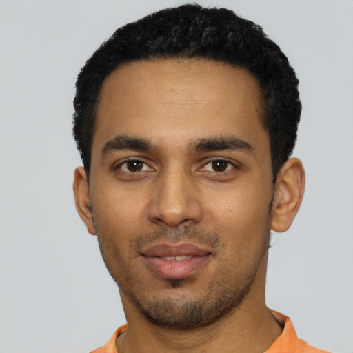 Neutral black young-adult male with short  black hair and brown eyes