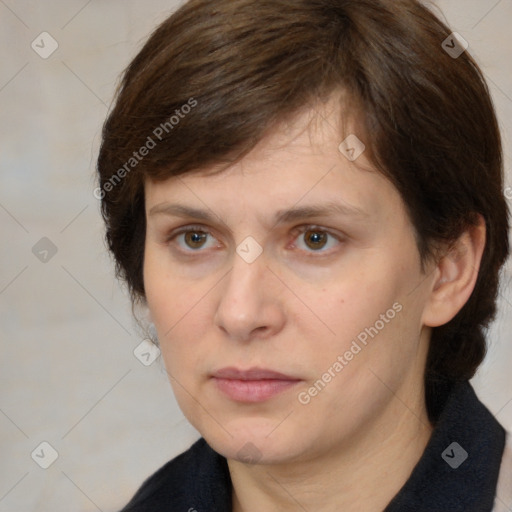 Neutral white adult female with medium  brown hair and brown eyes