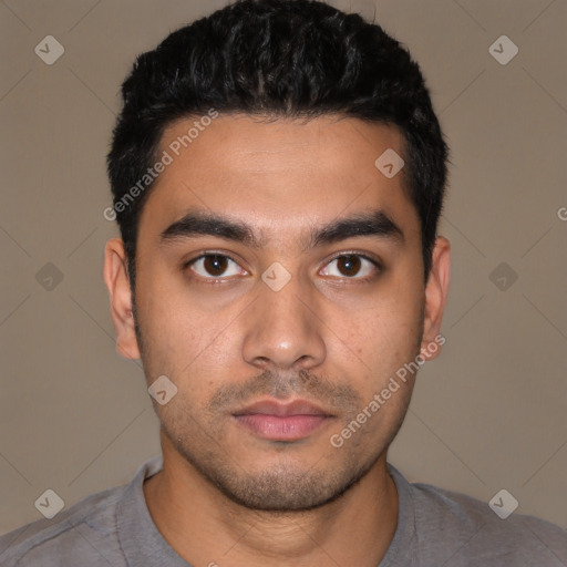 Neutral latino young-adult male with short  black hair and brown eyes