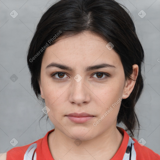 Neutral white young-adult female with medium  brown hair and brown eyes