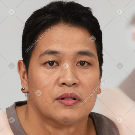 Neutral asian adult male with short  brown hair and brown eyes