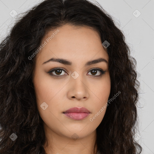 Neutral latino young-adult female with long  brown hair and brown eyes