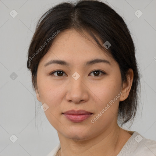 Joyful white young-adult female with medium  brown hair and brown eyes