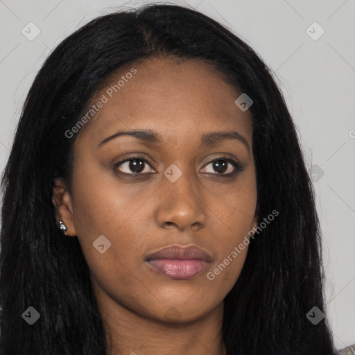 Joyful asian young-adult female with long  brown hair and brown eyes