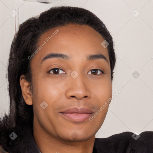 Joyful latino young-adult female with long  black hair and brown eyes