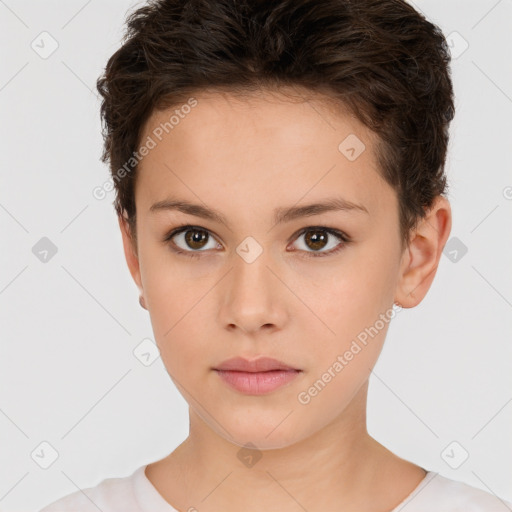 Neutral white young-adult female with short  brown hair and brown eyes