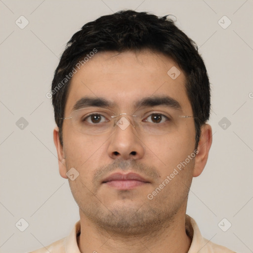 Neutral asian young-adult male with short  brown hair and brown eyes