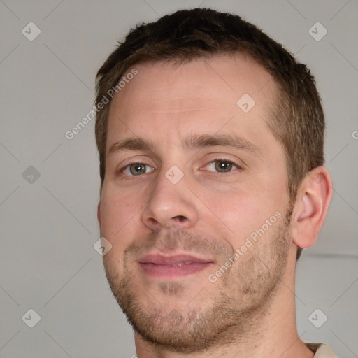 Neutral white adult male with short  brown hair and brown eyes